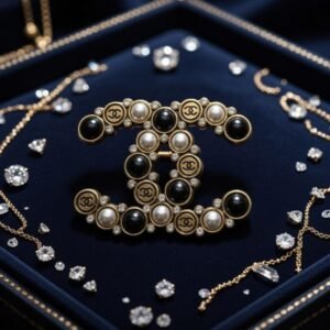 Broche Chanel CC Iconique – Perles Noires & Blanches, Strass & Métal Doré