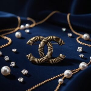 Broche Chanel CC Iconique – Perles Noires & Blanches, Strass Scintillants, Métal Doré