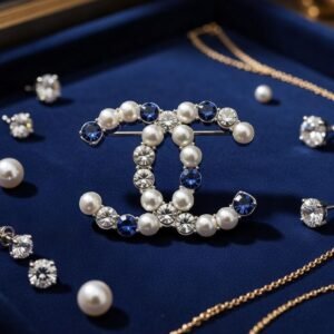 Broche Chanel CC Iconique – Perles Nacré & Cristaux Bleus Saphir, Strass Scintillants, Métal Doré