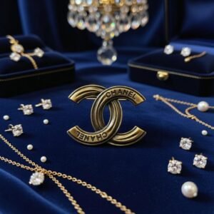 Broche Chanel CC “CHANEL” Gravé – Double C Iconique en Métal Doré Texturé, Style Classique Luxe