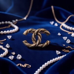 Broche Chanel CC Torsadée Scintillante – Strass & Cordes Dorées Iconiques, Métal Doré Luxe