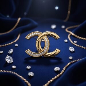 Broche Chanel CC Torsadée Scintillante – Strass Cristallins & Cordes Dorées Iconiques, Métal Doré Luxe